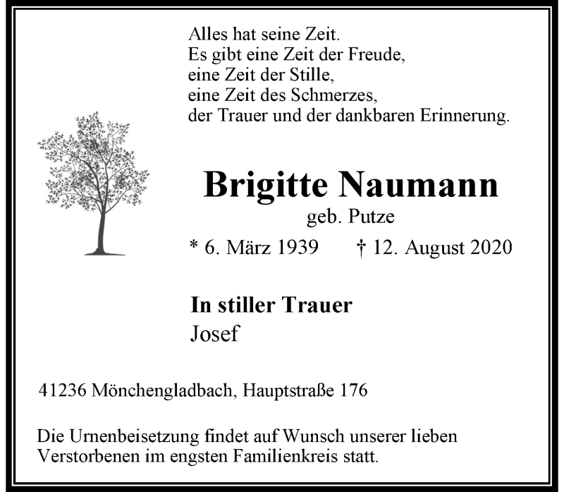  Traueranzeige für Brigitte Naumann vom 15.08.2020 aus Rheinische Post