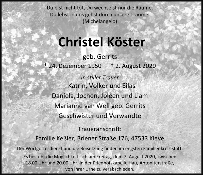  Traueranzeige für Christel Köster vom 05.08.2020 aus Rheinische Post