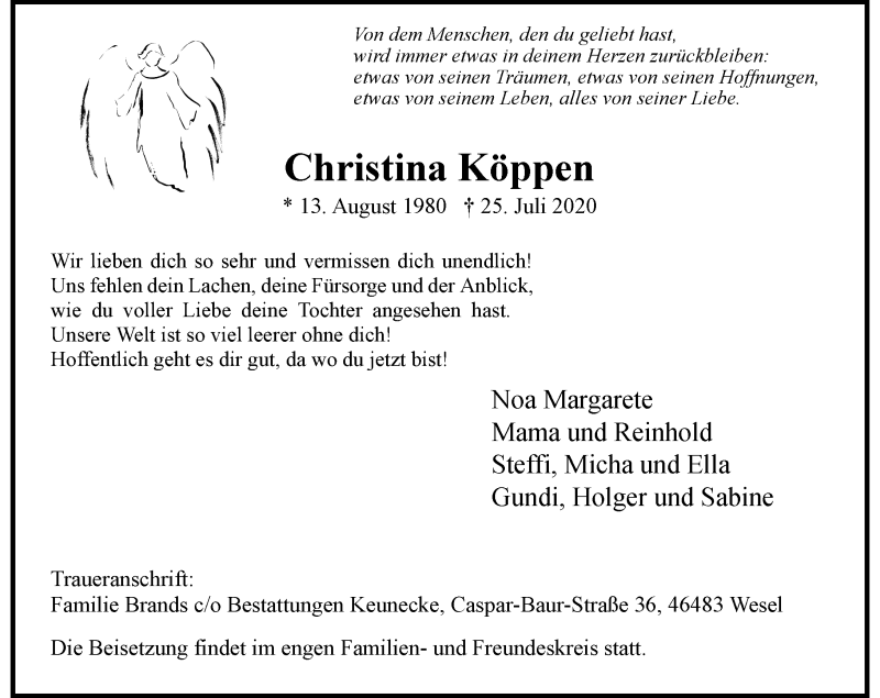  Traueranzeige für Christina Köppen vom 08.08.2020 aus Rheinische Post
