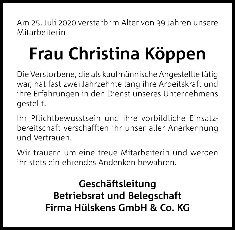  Traueranzeige für Christina Köppen vom 14.08.2020 aus Rheinische Post