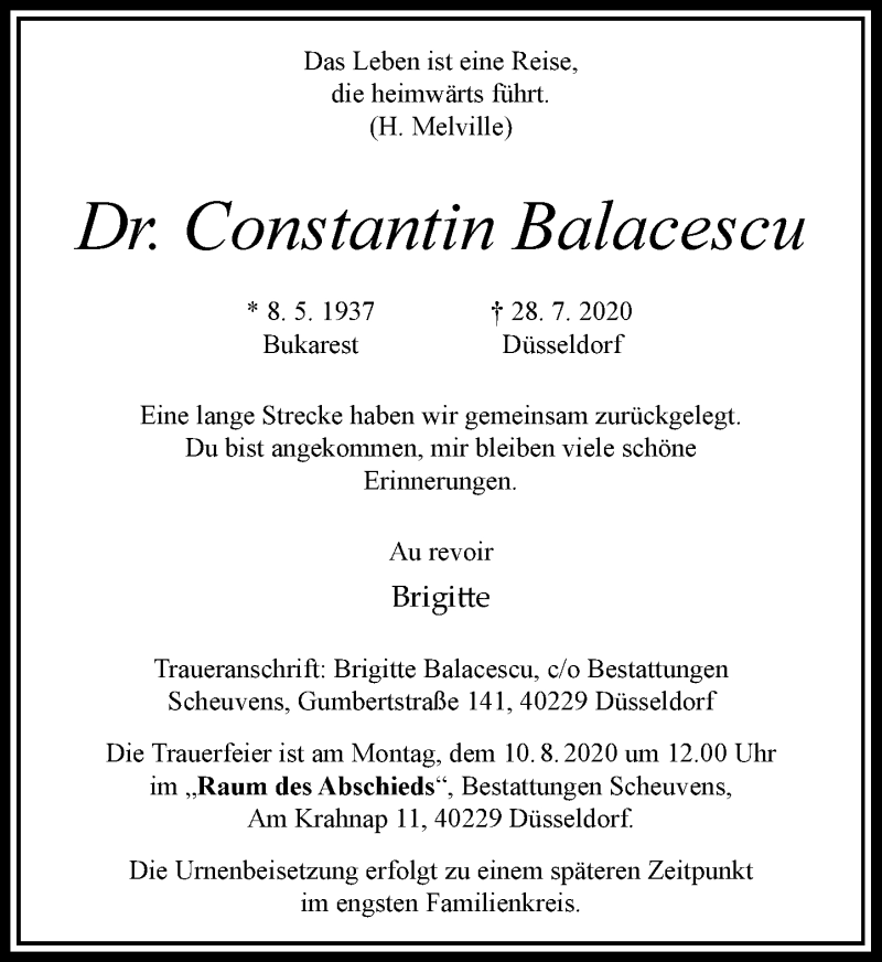  Traueranzeige für Constantin Balacescu vom 05.08.2020 aus Rheinische Post