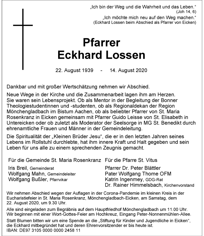  Traueranzeige für Eckhard Lossen vom 19.08.2020 aus Rheinische Post