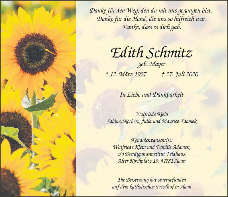  Traueranzeige für Edith Schmitz vom 08.08.2020 aus Rheinische Post