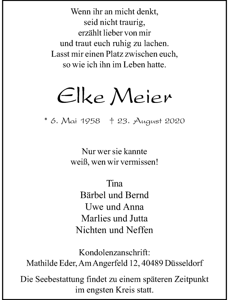  Traueranzeige für Elke Meier vom 29.08.2020 aus Rheinische Post