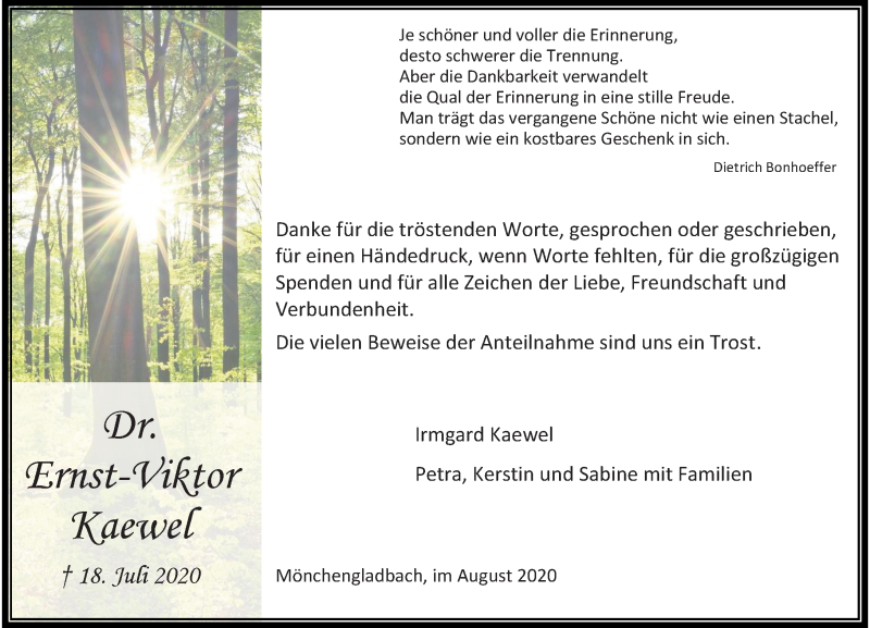  Traueranzeige für Ernst-Viktor Kaewel vom 29.08.2020 aus Rheinische Post