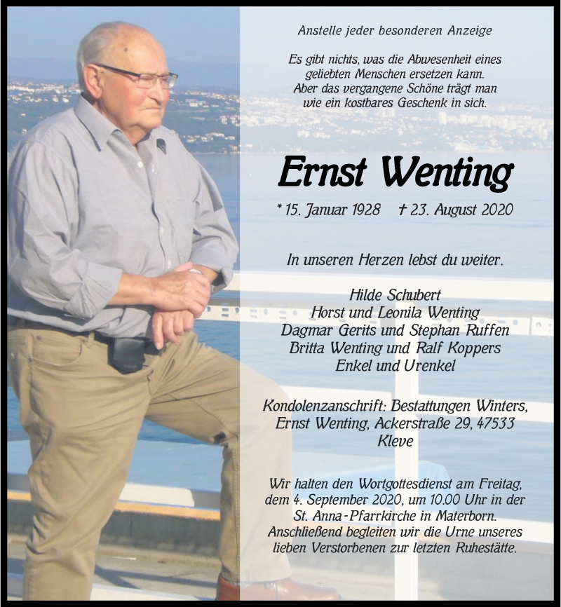  Traueranzeige für Ernst Wenting vom 28.08.2020 aus Rheinische Post