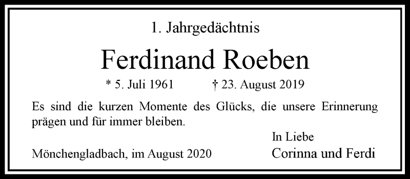  Traueranzeige für Ferdinand Roeben vom 22.08.2020 aus Rheinische Post