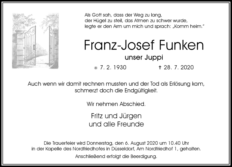  Traueranzeige für Franz-Josef Funken vom 01.08.2020 aus Rheinische Post