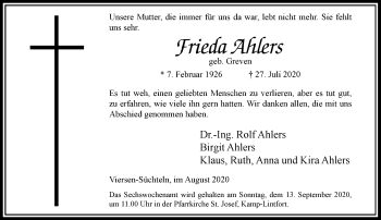 Traueranzeige von Frieda Ahlers von Rheinische Post