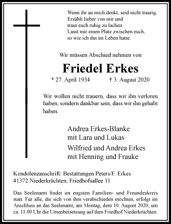 Traueranzeige von Friedel Erkes von Rheinische Post