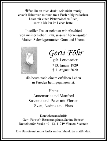 Traueranzeige von Gerti Föhr von Rheinische Post