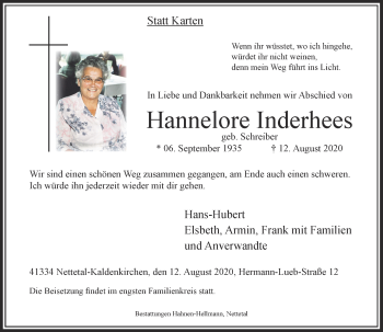 Traueranzeige von Hannelore Inderhees von Rheinische Post