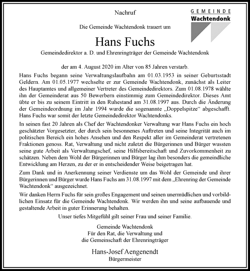  Traueranzeige für Hans Fuchs vom 08.08.2020 aus Rheinische Post