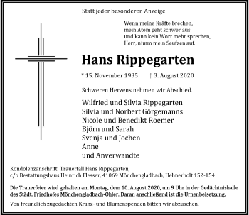 Traueranzeige von Hans Rippegarten von Rheinische Post