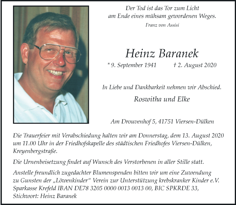  Traueranzeige für Heinz Baranek vom 08.08.2020 aus Rheinische Post
