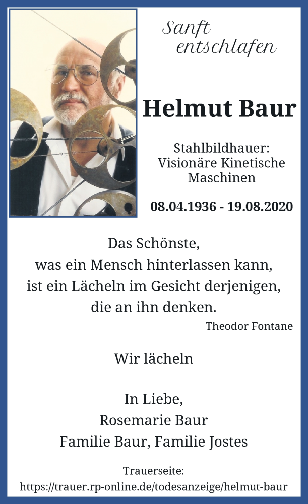  Traueranzeige für Helmut Baur vom 29.08.2020 aus Rheinische Post