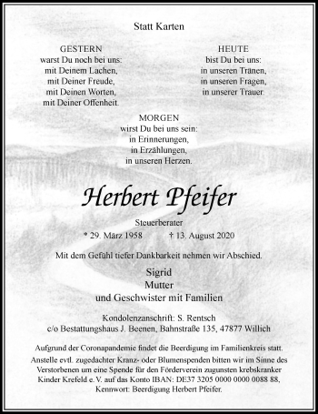 Traueranzeige von Herbert Pfeifer von Rheinische Post