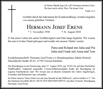 Traueranzeige von Hermann Josef Erens von Rheinische Post