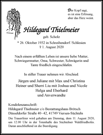 Traueranzeige von Hildegard Thielmeier von Rheinische Post