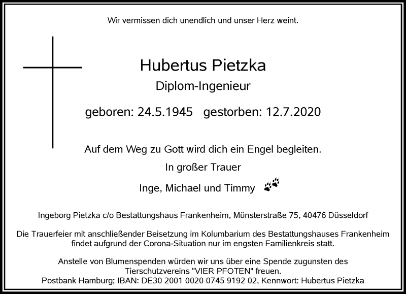  Traueranzeige für Hubertus Pietzka vom 08.08.2020 aus Rheinische Post