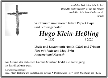 Traueranzeige von Hugo Klein-Heßling von Rheinische Post