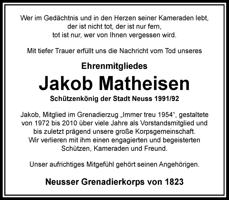  Traueranzeige für Jakob Matheisen vom 05.08.2020 aus Rheinische Post