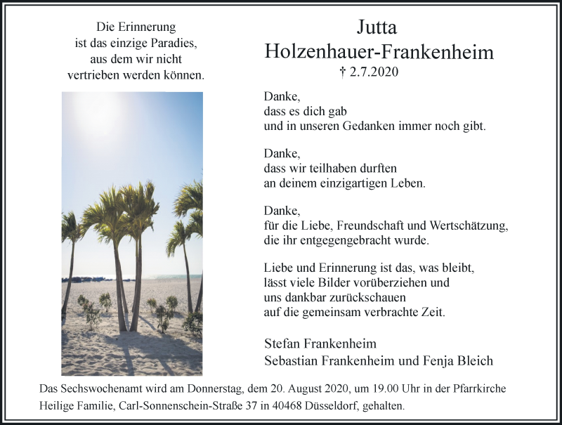  Traueranzeige für Jutta Holzenhauer-Frankenheim vom 15.08.2020 aus Rheinische Post