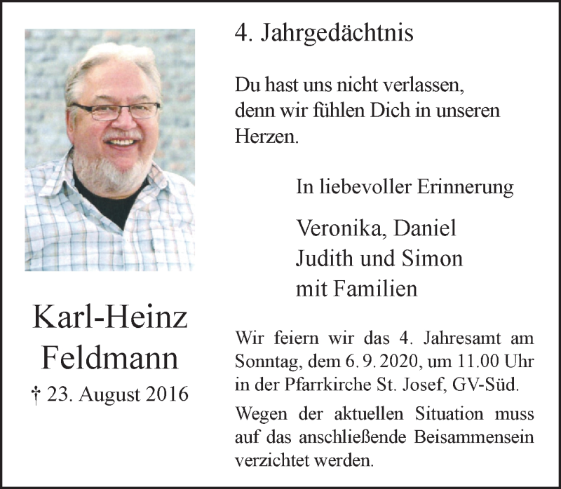  Traueranzeige für Karl-Heinz Feldmann vom 22.08.2020 aus Rheinische Post