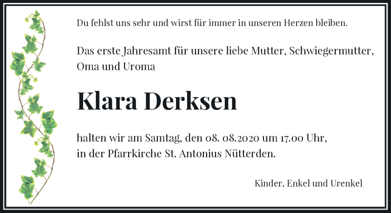  Traueranzeige für Klara Derksen vom 05.08.2020 aus Rheinische Post