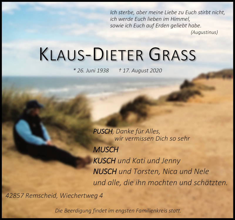  Traueranzeige für Klaus-Dieter Grass vom 22.08.2020 aus Rheinische Post