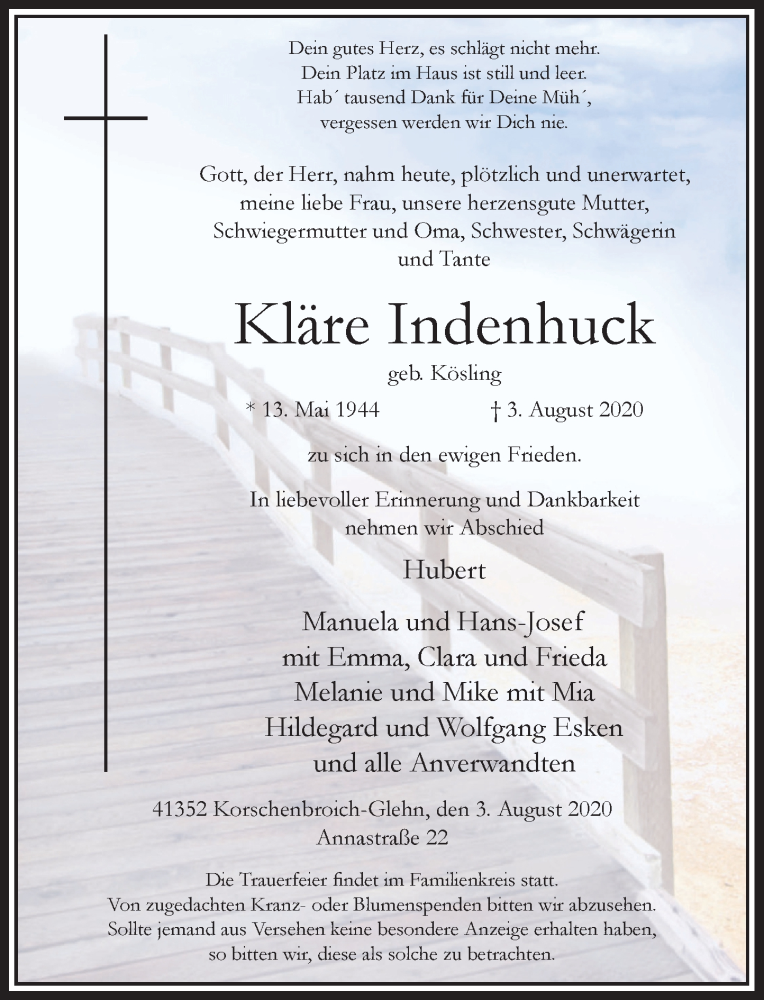  Traueranzeige für Kläre Indenhuck vom 08.08.2020 aus Rheinische Post