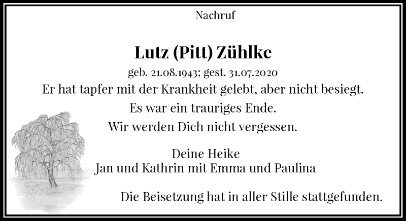  Traueranzeige für Lutz  Zühlke vom 21.08.2020 aus Rheinische Post