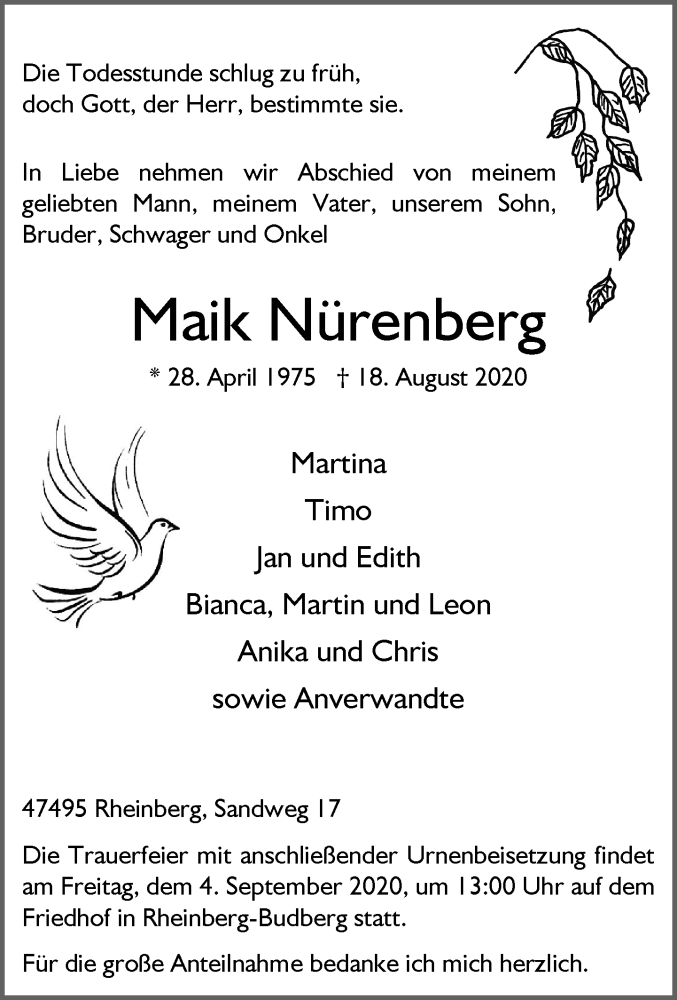  Traueranzeige für Maik Nürenberg vom 29.08.2020 aus Rheinische Post
