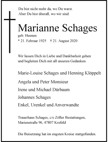 Traueranzeige von Marianne Schages von Rheinische Post