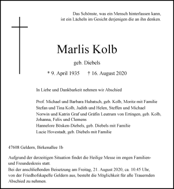 Traueranzeige von Marlis Kolb von Rheinische Post