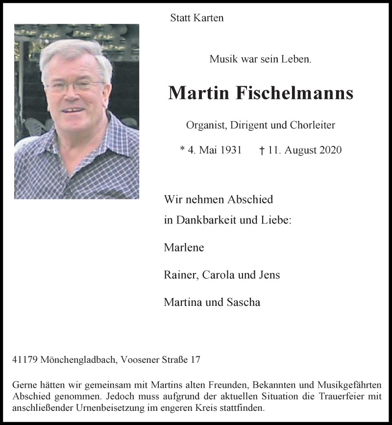  Traueranzeige für Martin Fischelmanns vom 22.08.2020 aus Rheinische Post