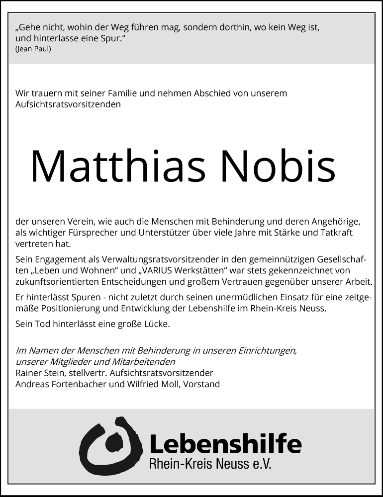  Traueranzeige für Matthias Nobis vom 22.08.2020 aus Rheinische Post