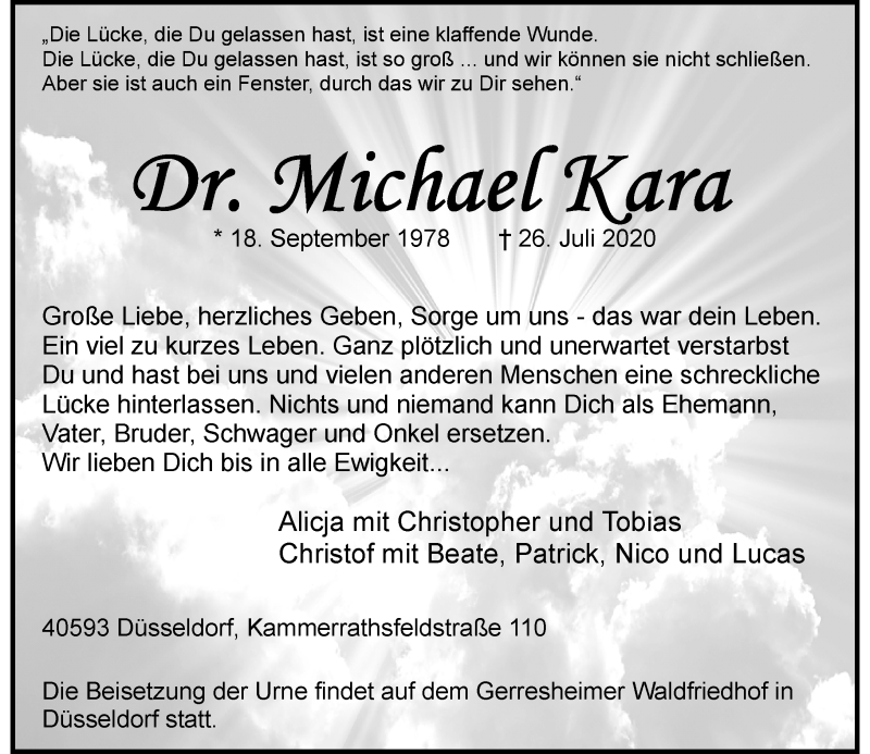  Traueranzeige für Michael Kara vom 08.08.2020 aus Rheinische Post