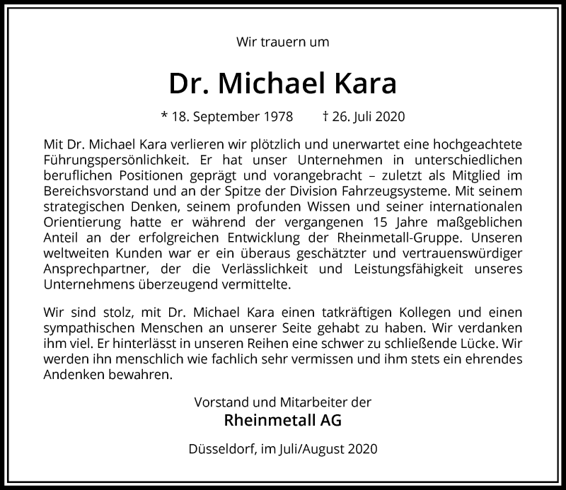  Traueranzeige für Michael Kara vom 08.08.2020 aus Rheinische Post