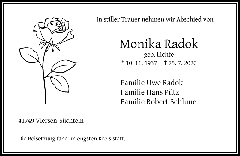  Traueranzeige für Monika Radok vom 08.08.2020 aus Rheinische Post