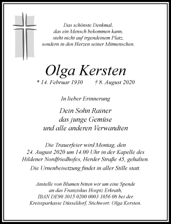 Traueranzeige von Olga Kersten von Rheinische Post