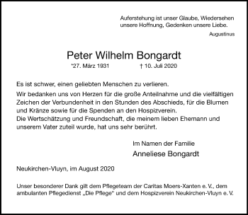Traueranzeige von Peter Wilhelm Bongardt von Rheinische Post
