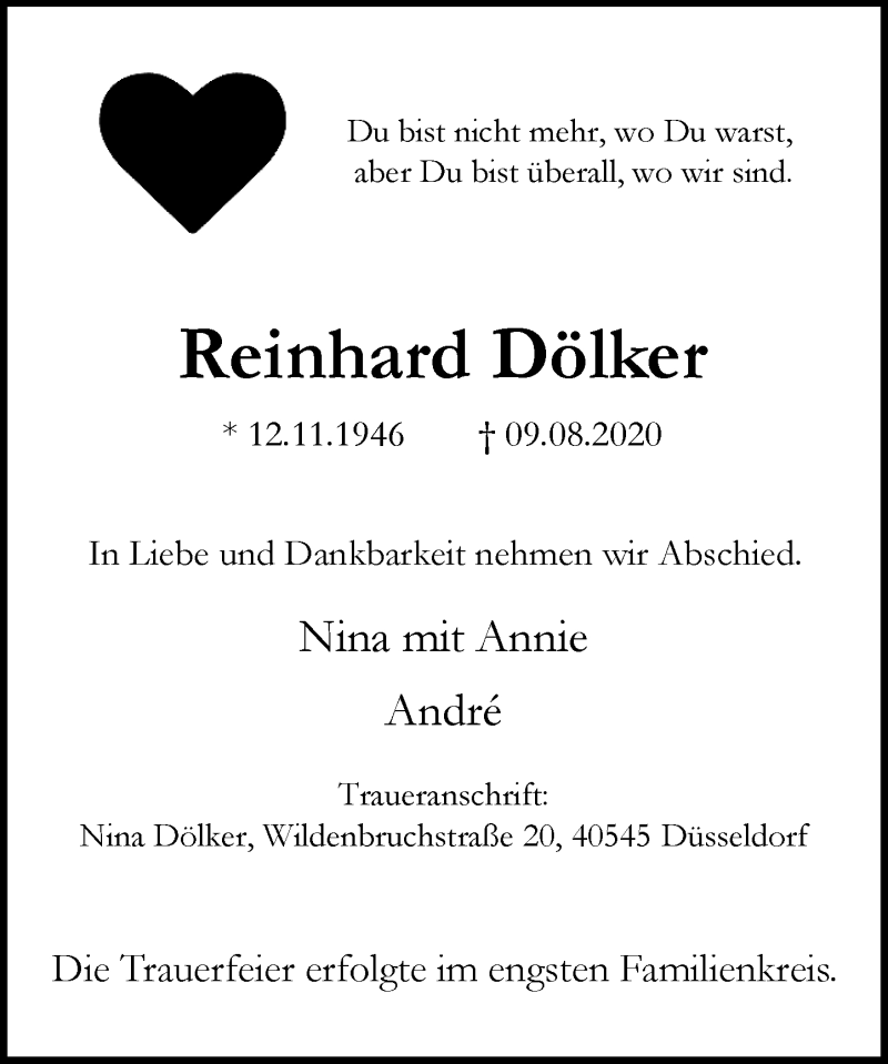 Traueranzeige für Reinhard Dölker vom 22.08.2020 aus Rheinische Post
