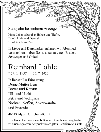 Traueranzeige von Reinhard Löhle von Rheinische Post
