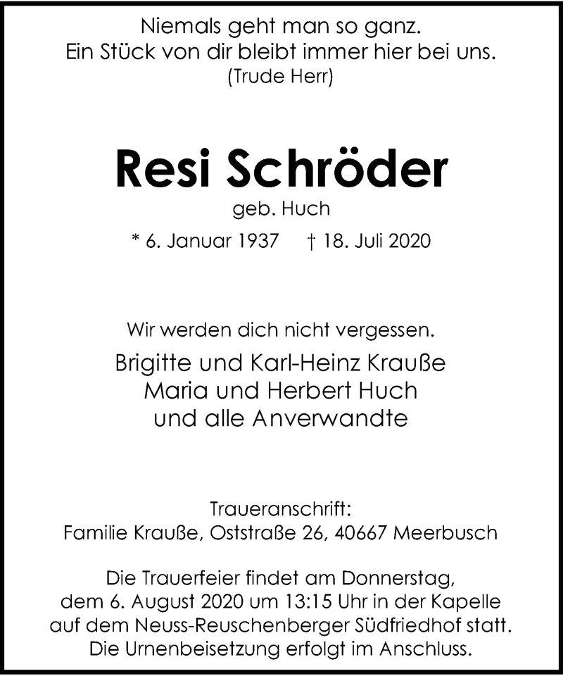  Traueranzeige für Resi Schröder vom 01.08.2020 aus Rheinische Post