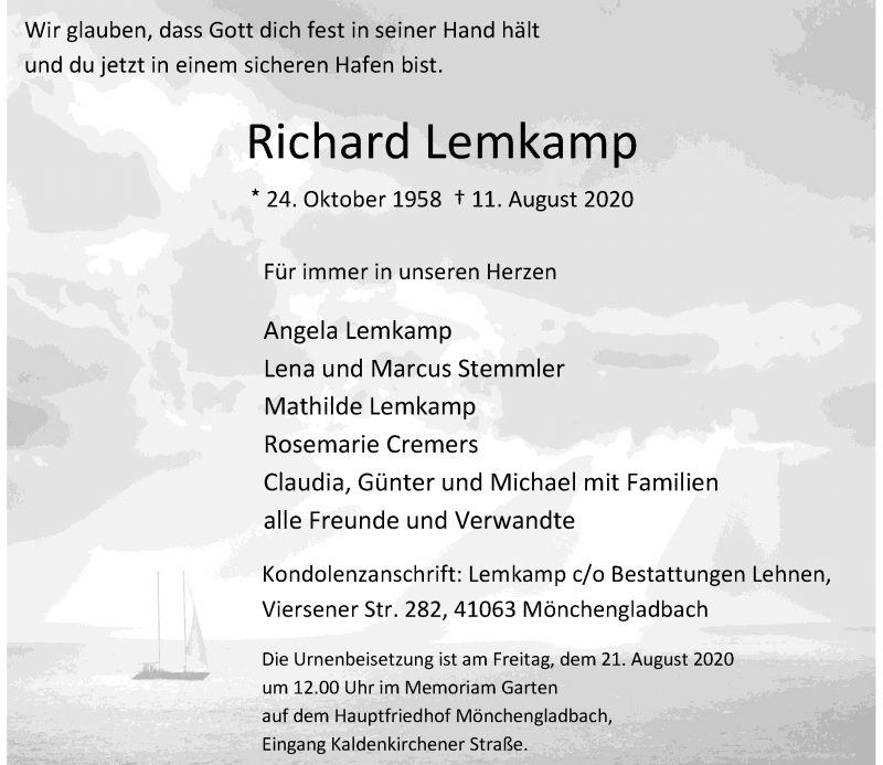  Traueranzeige für Richard Lemkamp vom 15.08.2020 aus Rheinische Post