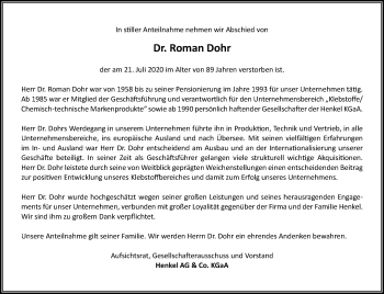 Traueranzeige von Roman Dohr von Rheinische Post