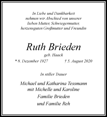 Traueranzeige von Ruth Brieden von Rheinische Post