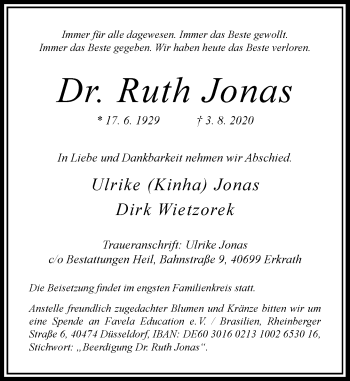 Traueranzeige von Ruth Jonas von Rheinische Post