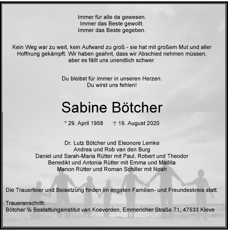  Traueranzeige für Sabine Bötcher vom 22.08.2020 aus Rheinische Post